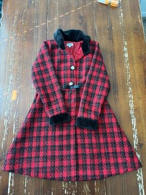 Blueberi Boulevard Red and Black Plaid Girls' Pea Coat with Faux Fur Trim
